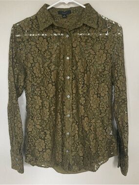 J Crew Olive Green Floral Lace Button Up Shirt With Built In Cami Size 2